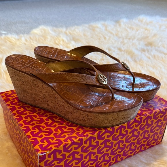Tory Burch Tan Cork Wedge Sandals - Picture 1 of 10